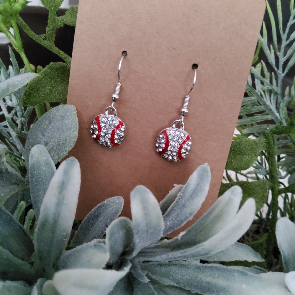 Crystal Baseball Dangle Earrings Silver Tone Sporty